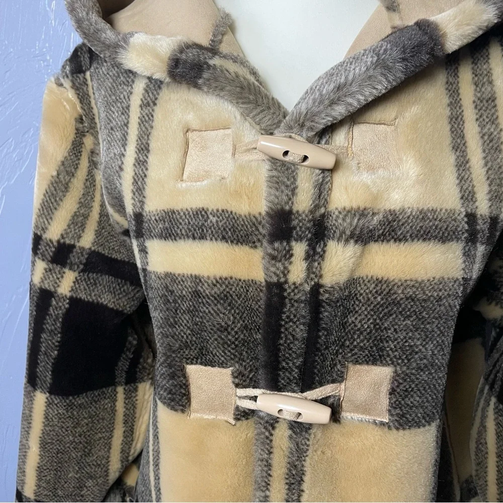 Vintage Y2K 90s Faux Suede Tan & Plaid Reversible Hooded Toggle Coat Jacket - Picture 8 of 13